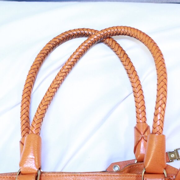 Cole Haan Orange Pebbled Leather Double Braided Handle Footed Large Tote Bag - Picture 5 of 16